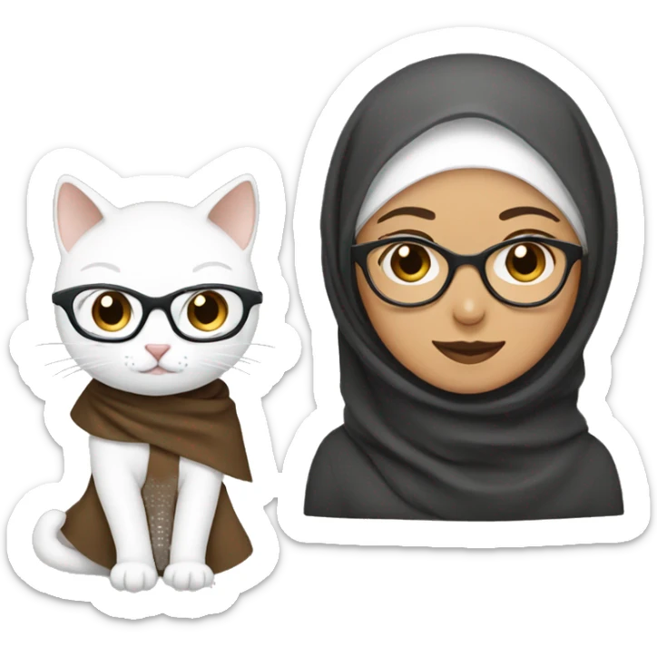 woman in brown hijab with glasses and her white cat without glasses sticker
