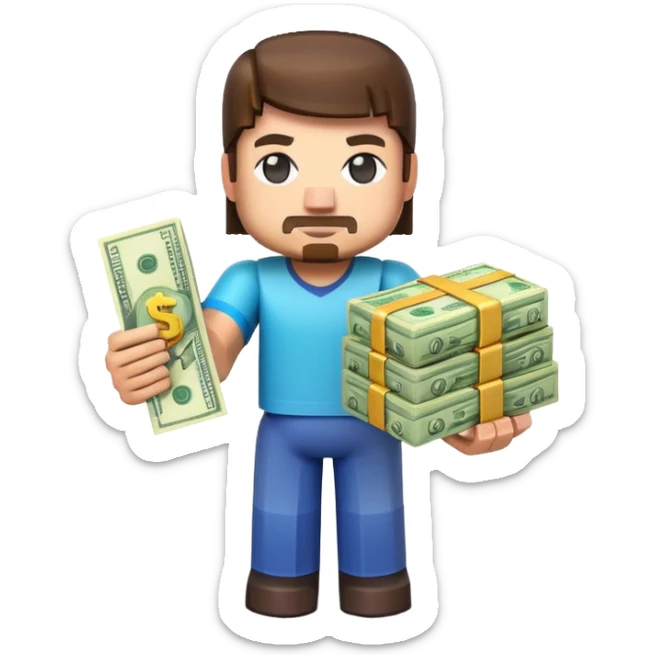emoji style icon, minecraft blocky character holding a stack of money, pixel art style, bright colors, simple background, 3D glossy emoji, centered composition, soft shadow, high detail, clean outline, white background sticker