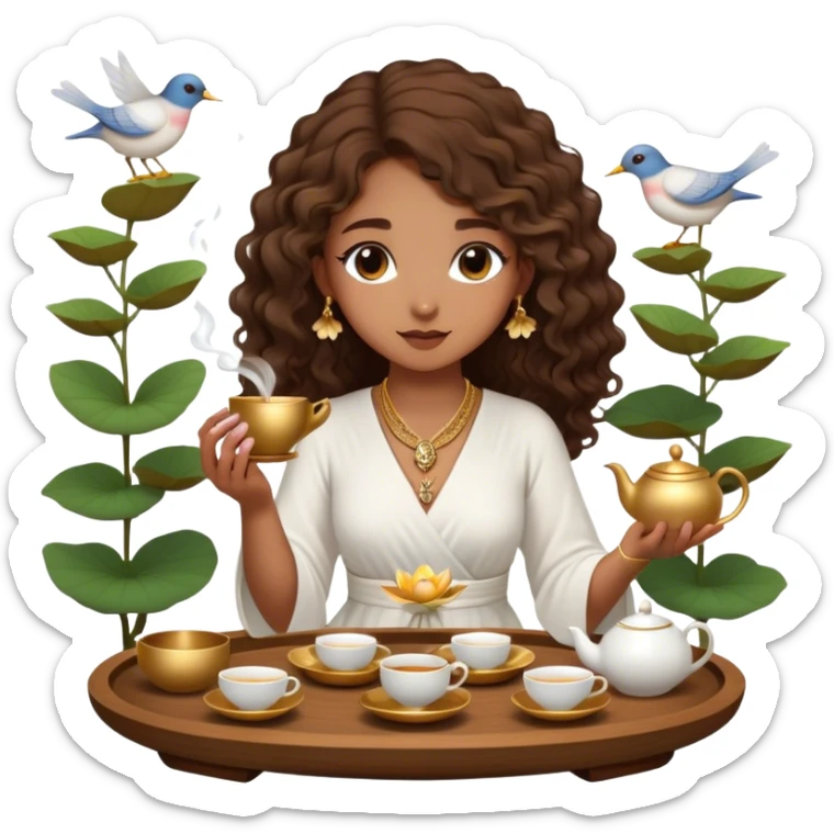 Light brown skin girl, long curly brown flat hair, gold jewelry, white dress, feeding birds with wooden tea ceremony tray with lotus flower sticker