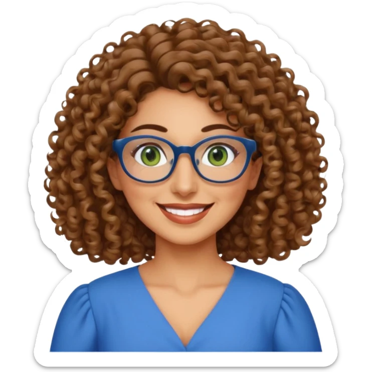 40 yr old Iranian woman, light brown very curly thick hair, shoulder length hair, green eyes, tan skin, big smile, big glasses, with pretty blue dress sticker