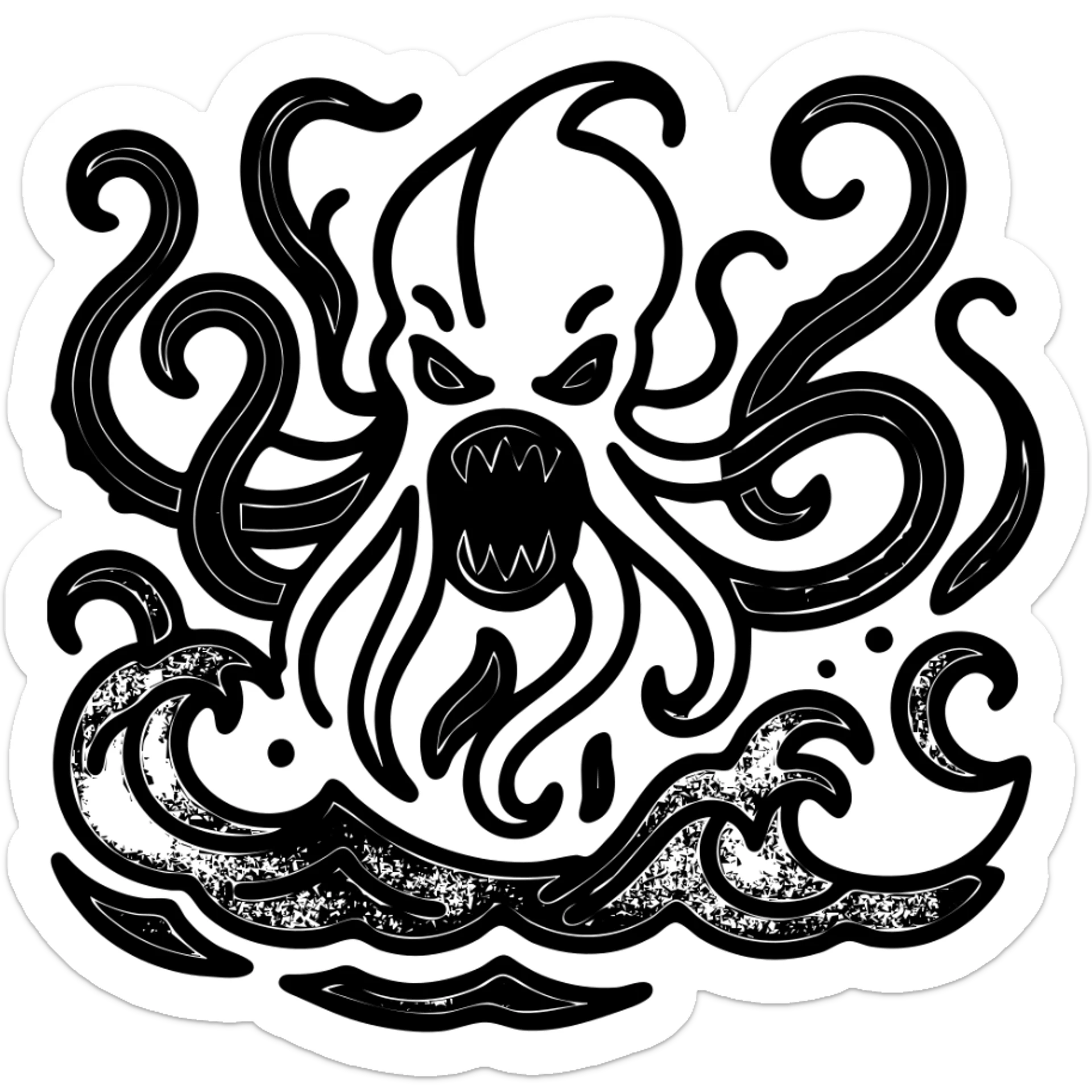 Add red details to the black fierce kraken, keep the background transparent, maintain the black outlined icon style with no fill. sticker
