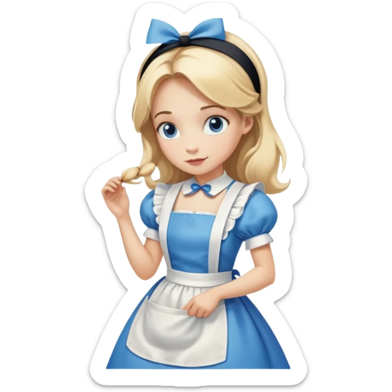 Disney's Alice in Wonderland curtseying in her blue dress with white apron, blonde hair with headband sticker