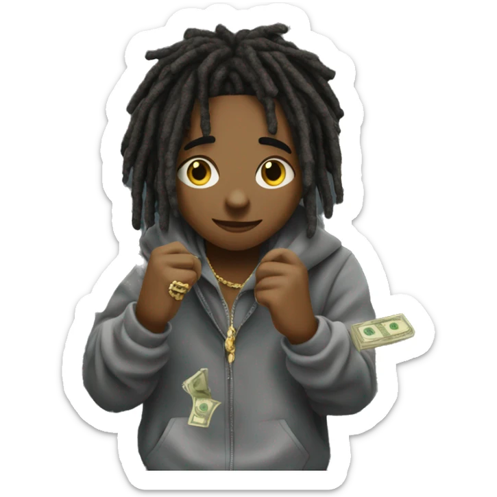 young hustler with dreads holding up  money with both hands wearing a hoodie  with gold jewelry chains on sticker