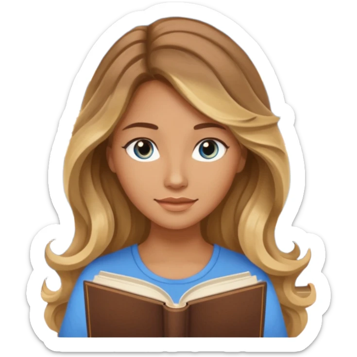 pretty female with long wavy brown hair with blonde highlights and blue eyes  in a relaxed position reading the book 'Rebecca' sticker
