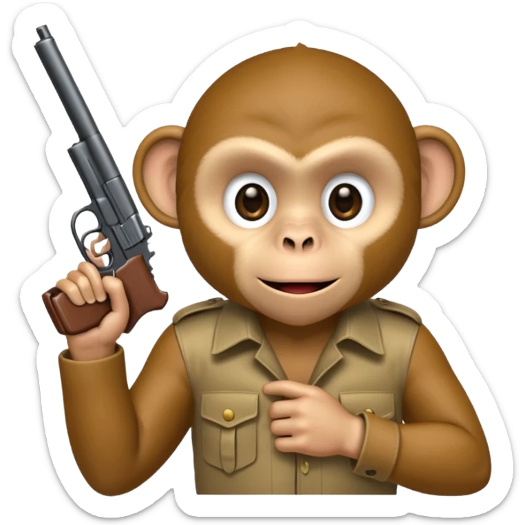 “A monkey covering his mouth with one hand and holding a gun to his head with the other hand.” sticker