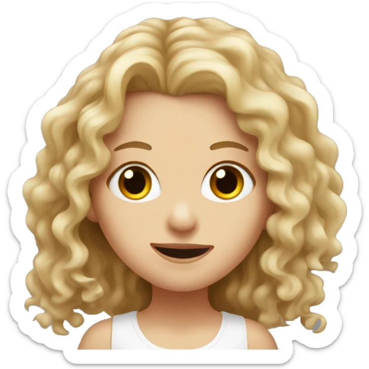 White girl with long curly dirty blonde hair, hazel eyes, sticking her tongue out sticker