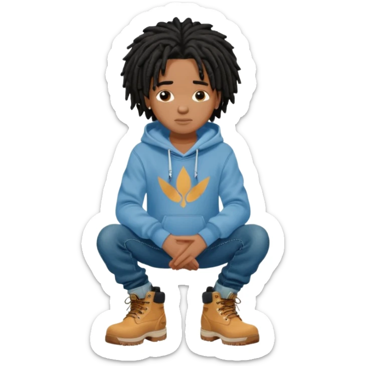 African American boy with short black dreadlocks wearing a Nike hoodie wearing denim skinny jeans and timberland boots with his hands folded across chest sticker