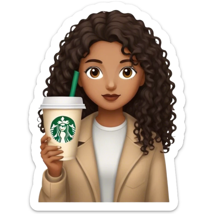 Girl with medium brown  skin light brown eyes/  black brown curly long hair with Starbucks  sticker