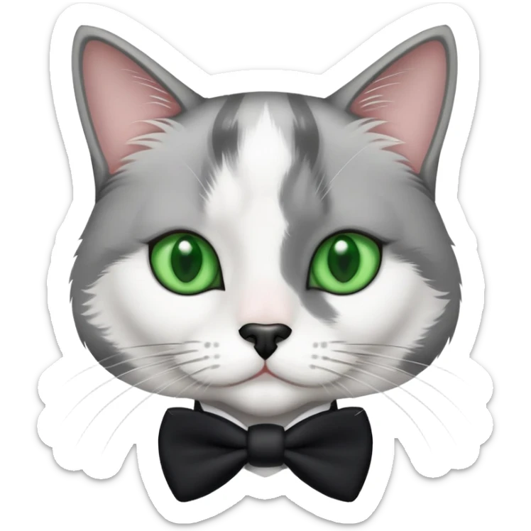 Gray and white  tuxedo cat medium hair with a a black nose and green eyes sticker