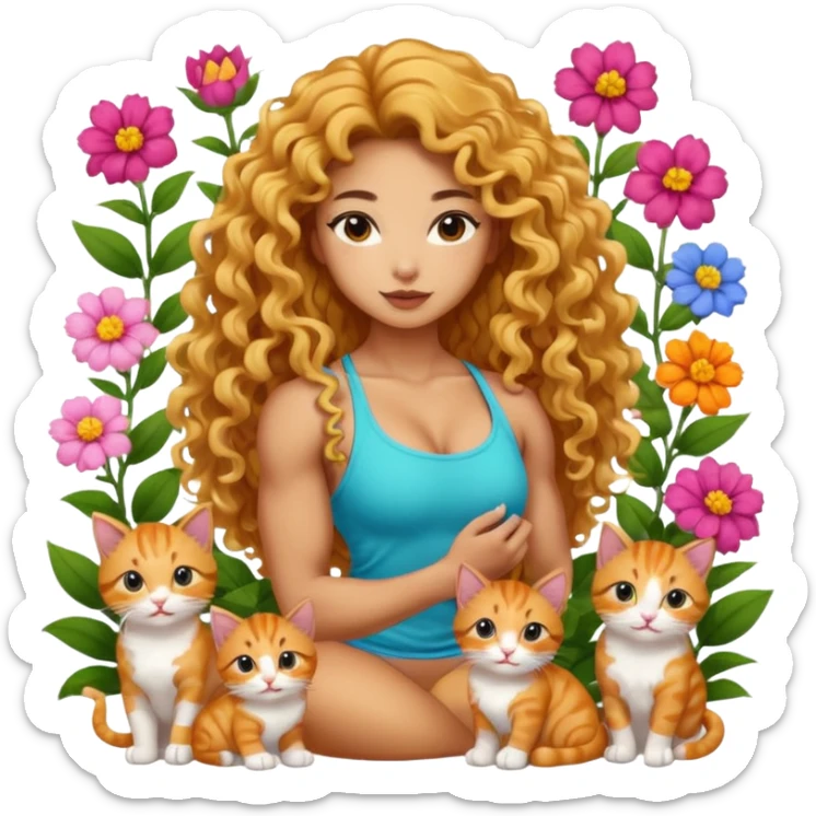 sexy and muscled tanned asian girl who loves cats, long golden curly hair, full body, many different cats nd kittens, surrounded by flowers and cats sticker