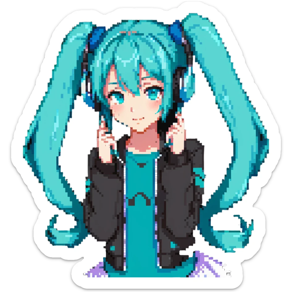 Hatsune Miku with teal twin tails, headphones, and signature outfit sticker