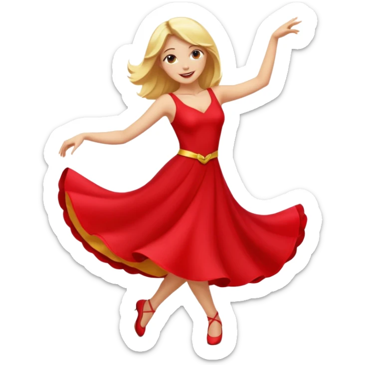 a yellow-blonde woman dancing wearing a red dress, in flat emoji / Apple style, smooth shapes, glossy highlights, bright saturated colors, simple features, minimal details, no outlines, red clothes flowing, joyful pose
 sticker