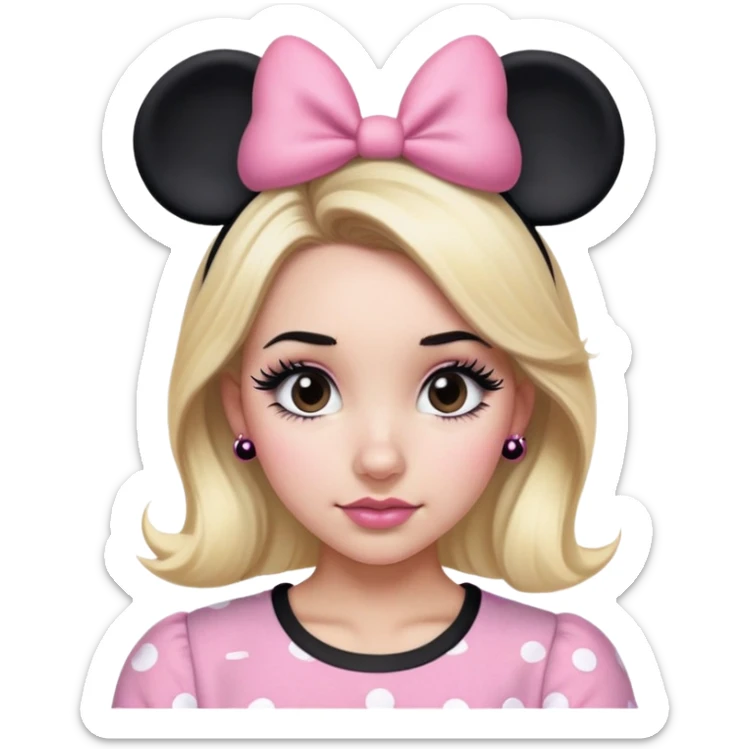 Woman with blonde hair, brown eyes, brown eyebrows, blush cheeks with pink and black Minnie mouse ears with pink and black Minnie mouse shirt with long black eyelashes sticker