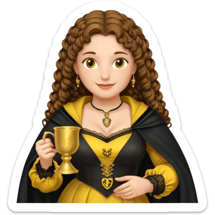 Helga Hufflepuff, brown-haired, 2 curly thick brown braids, yellow-black medieval dress, black cloak decorated with gold lace, tiny two-handled shiny yellow-gold cup, very kind smile, curvy busty sweet woman, thick rosy cheeks sticker