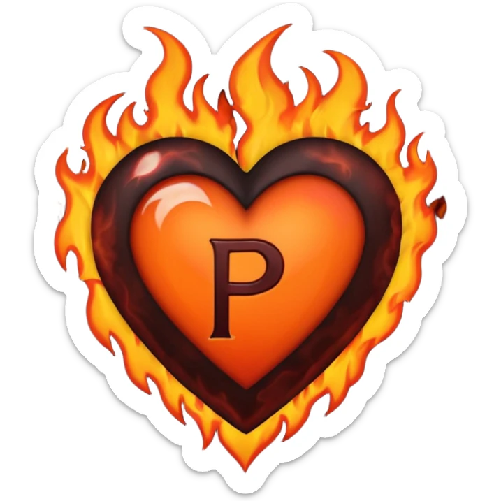 Can you make a dark orange heart with a dark red letter in the middle in a gothic style, the letter is P, I also want it to have some flames sticker