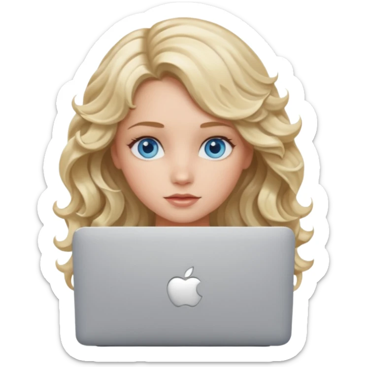 blond girl, blue eyes, hair wavy, , behind her silver colored laptop from apple sticker