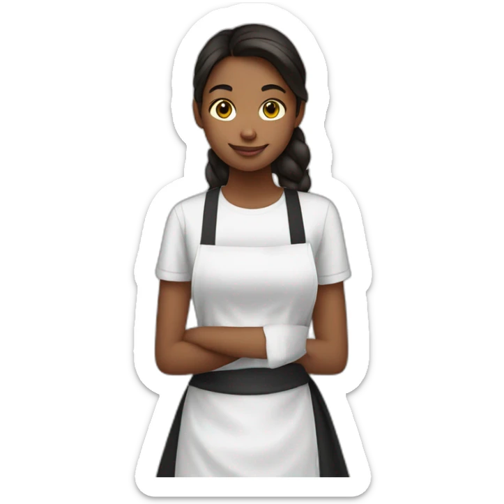 girl in a white T-shirt and a black apron stops with her hand sticker