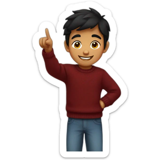 smiling and pointing north indian kid with black hair wearing a dark red sweater sticker