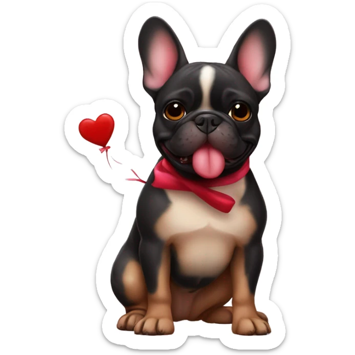 Black and tan colored French bulldog holding Valentine in mouth sticker