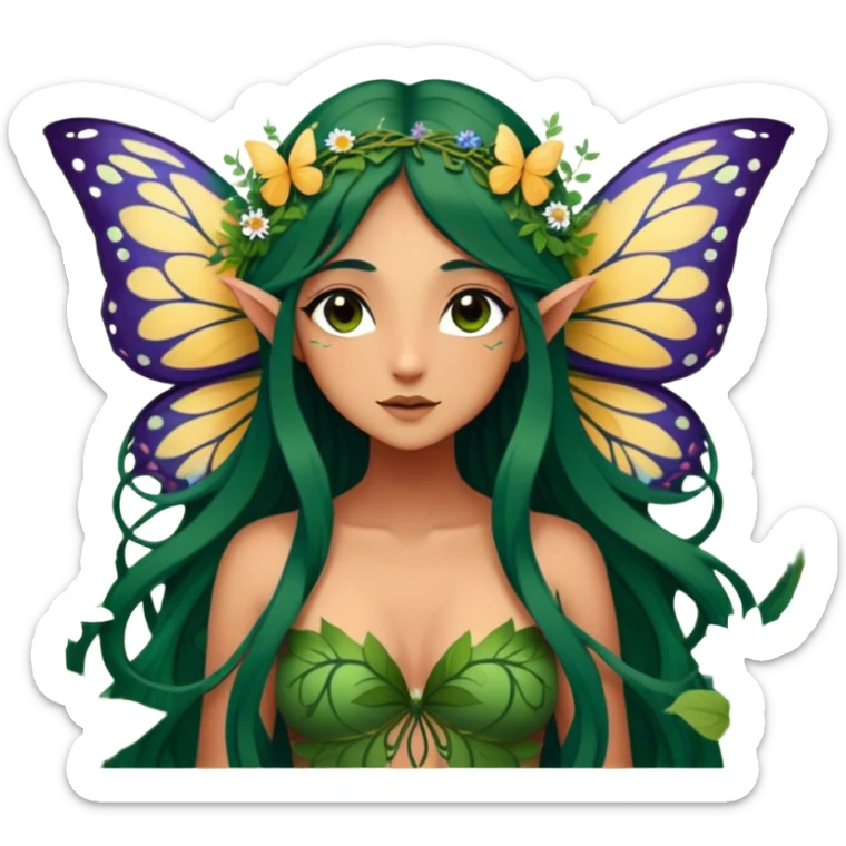 Cinematic Realistic Forest Nymph Fairy Portrait, depicted with lifelike, sun-kissed tanned skin that radiates an earthy glow, softly illuminated by natural, dappled light. Her long, flowing dark green hair is intricately detailed and interwoven with delicate vines and wildflowers, while her deep, soulful eyes mirror the wisdom of the forest. Dressed in an attire inspired by nature’s palette—with subtle botanical motifs—the portrait exudes a soft, enchanted glow that melds realism with woodland magic showing her large butterfly wings from her back. sticker