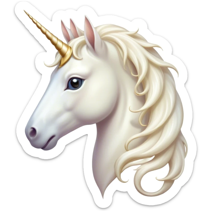 Cinematic Noble White Unicorn Portrait Emoji, Poised and regal, with a slender, ethereal form draped in a pristine white color, a flowing mane and tail, and a glistening, spiraled horn that radiates pure light, Simplified yet sharp and sophisticated features, highly detailed, glowing with a soft, iridescent luminescence, high shine, intelligent and transcendent, stylized with an air of mythical enchantment, focused and serene, soft glowing outline, capturing the essence of a watchful and confident white unicorn that appears ready to prance out of the screen with magical grace! sticker