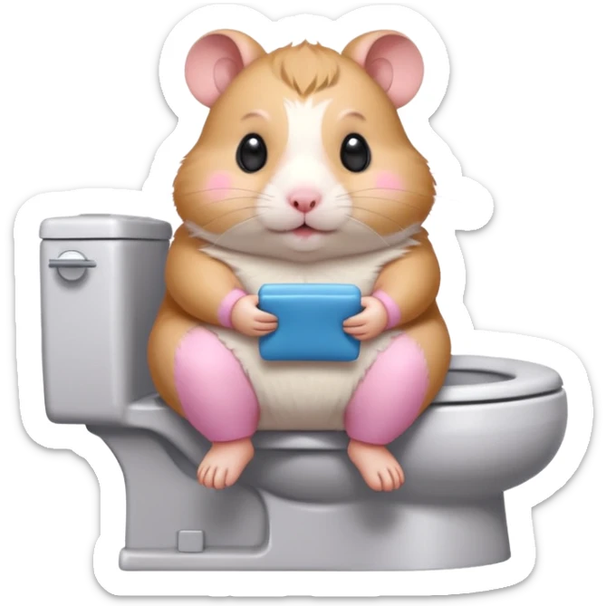 Cute chubby cartoon-style hamster sitting on toilet, sticker-style illustration sticker