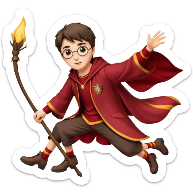 Cartoon-style illustration of Harry Potter flying on a broomstick, Gryffindor red and gold outfit, expressive face, dynamic motion, magical vibe, smooth shading, vibrant colors, no background, transparent background, isolated character. sticker