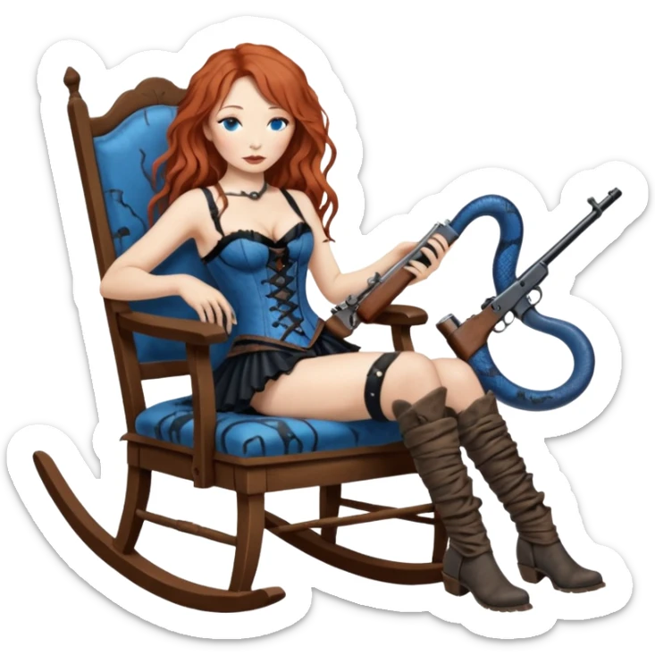 realistic cinematic Tori Amos sits on a rocking chair in a torn corset, holding an antique rifle and her bare feet are muddy. A blue snake is wrapped around the chair. sticker