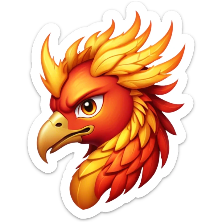 Cinematic Fierce Battle-Hardened Mystical Fire Phoenix Portrait Emoji, head tilted with an aggressive, unwavering gaze that speaks of relentless combat. The flame-kissed form is marked by rugged, charred feathers and vivid battle scars. Its blazing eyes radiate raw intensity and steely resolve, rendered with lifelike detail and stark natural lighting, high shine, channeling an aura of unyielding warlike energy and valor, softened by a dynamic glowing outline that highlights its battle-earned ferocity. sticker