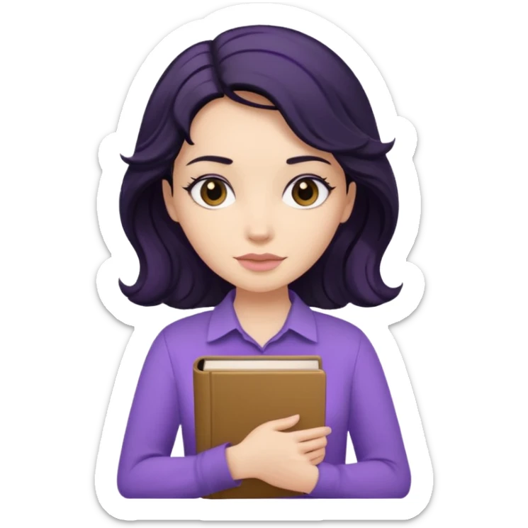 Long Hair Women with Black wavy hair, with purple Book, beige shir, without background sticker