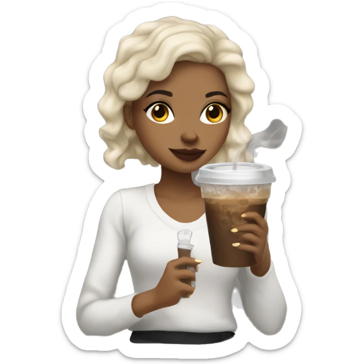 light skin girl with dark hair smoking and holding an iced coffee sticker