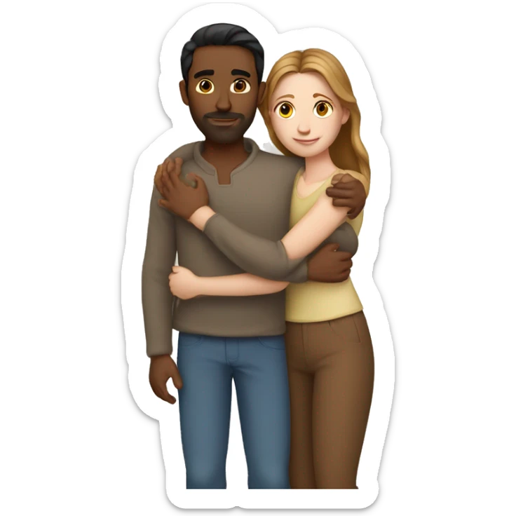 Couple hug, white woman with brown hair and Indian man with fair skin sticker