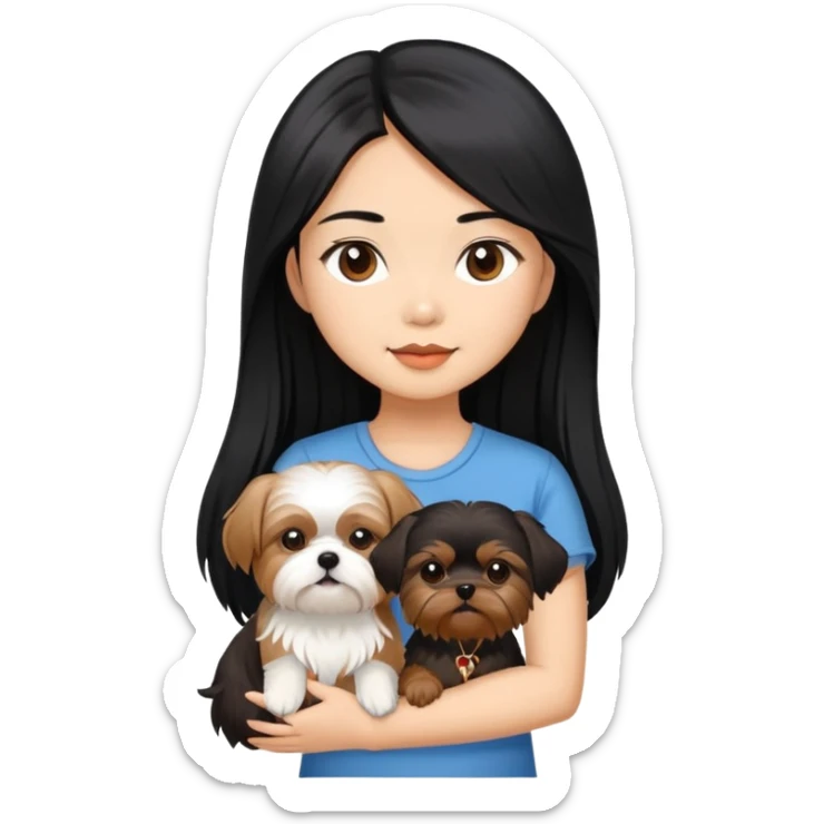 A beautiful Asian girl with long black hair is holding a small Yorkshire Terrier. She is standing next to her brown skinned boyfriend, who is holding a Shih Tzu. They are each holding one dog each sticker