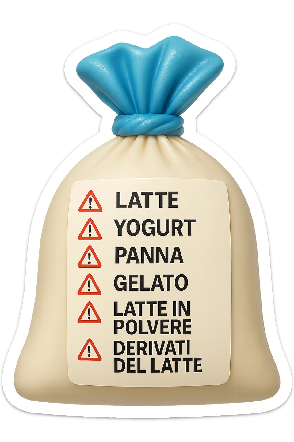 SU QUESTO STILE FAI UN EMOJI STILE IPHONE 3D DI UNa busta di mozzarelle con ETICHETTA CON GLI INGREDIENTI SCRITTI, "latte, yogurt, panna, gelato, latte in polvere, derivati del latte." accanto ad ogni nome scritto mettici un segnale di allarme, FALLO MOLTO REALISTICO IN 3D sticker