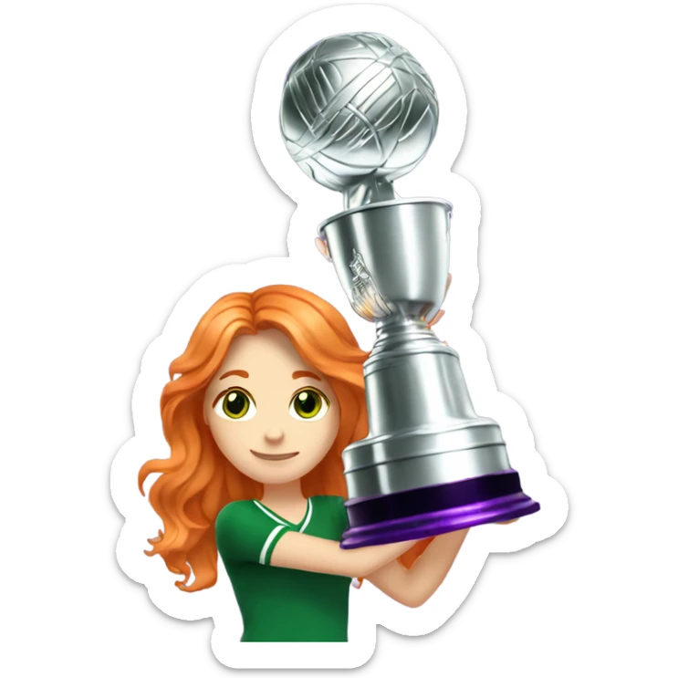 A beautiful orange haired girl with sparkly green eyes holding a purple Stanley cup sticker
