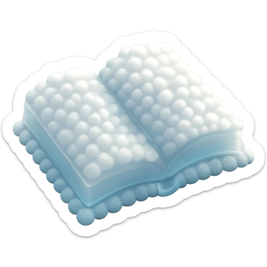 top view of a thick open book made entirely of small, very bright white fluffy convex clouds, matte glass style sticker