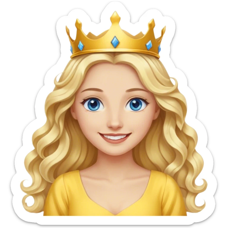 blonde woman, blue eyes, long wavy hair, smiling wearing a yellow dress and a small crown on her head  sticker