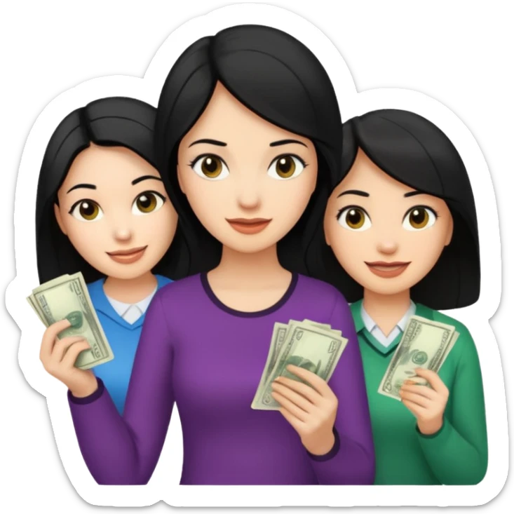 Chica cabello negro, en el marketing digital, que esté preocupada por facturas y otra que esté alegre de ganar dinero  sticker