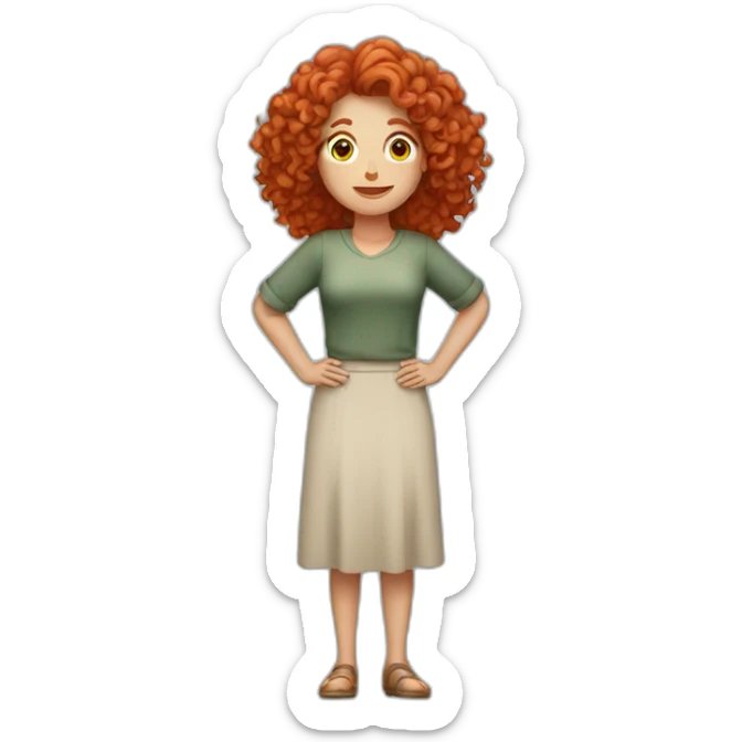 white woman with curly red hair standing upright with arms out to the sides sticker