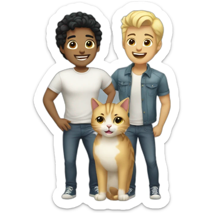 Gay couple, 1 Latino black hair, the other one Australian blonde hair with a cat in the middle laughing full body sticker