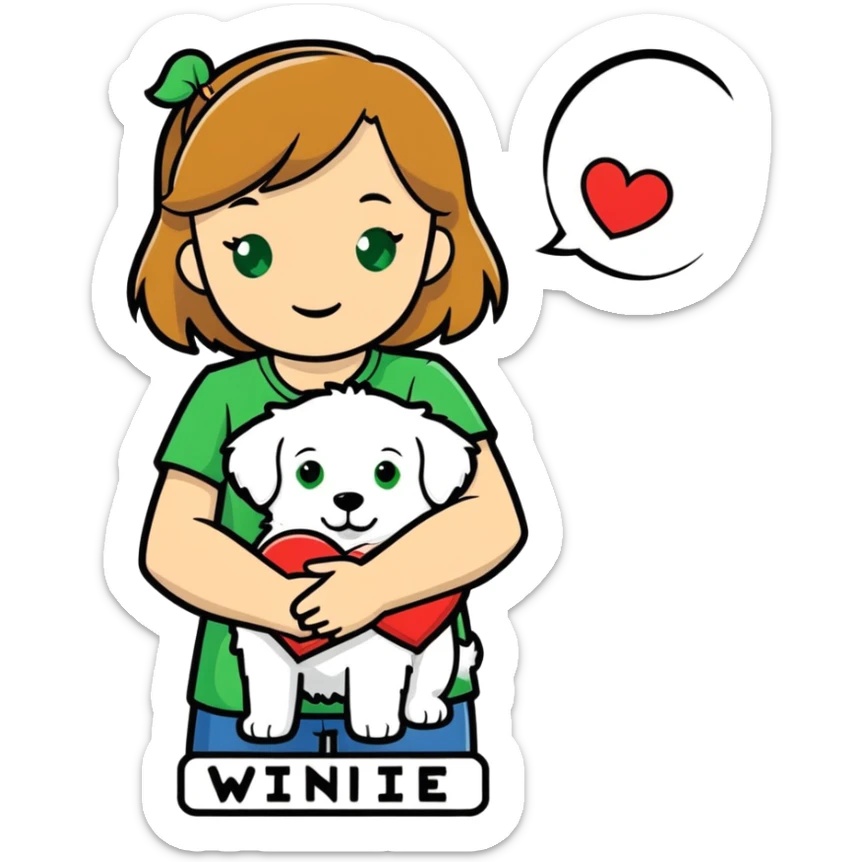 Girl with light brown hair and green eyes holding white fluffy dog with tag that says Winnie Jane in a heart sticker