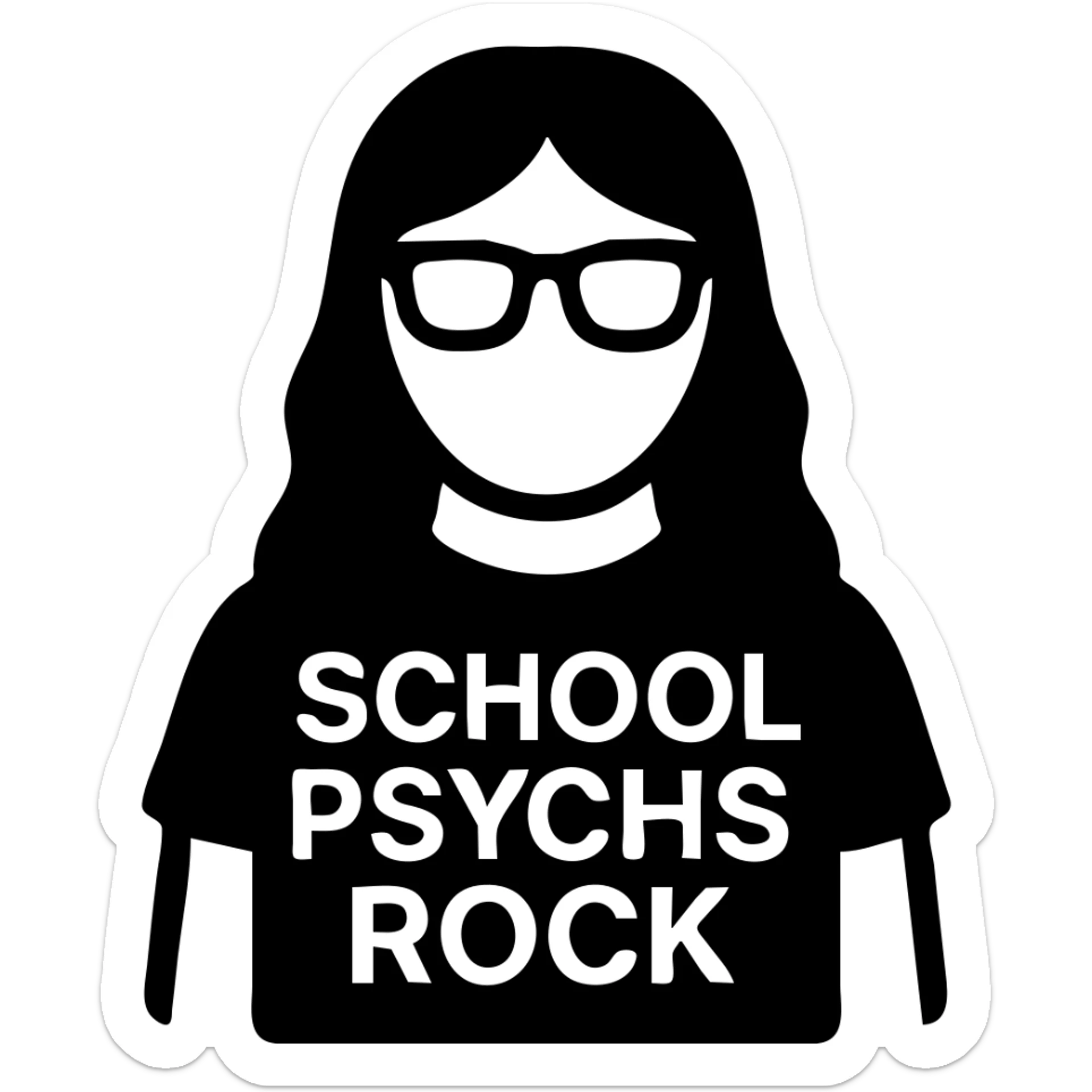 Create a modern icon-style image of this person wearing a t-shirt that says 'school psychs rock'. The design should be simple and bold with clear text, minimal details, and a modern icon aesthetic. sticker