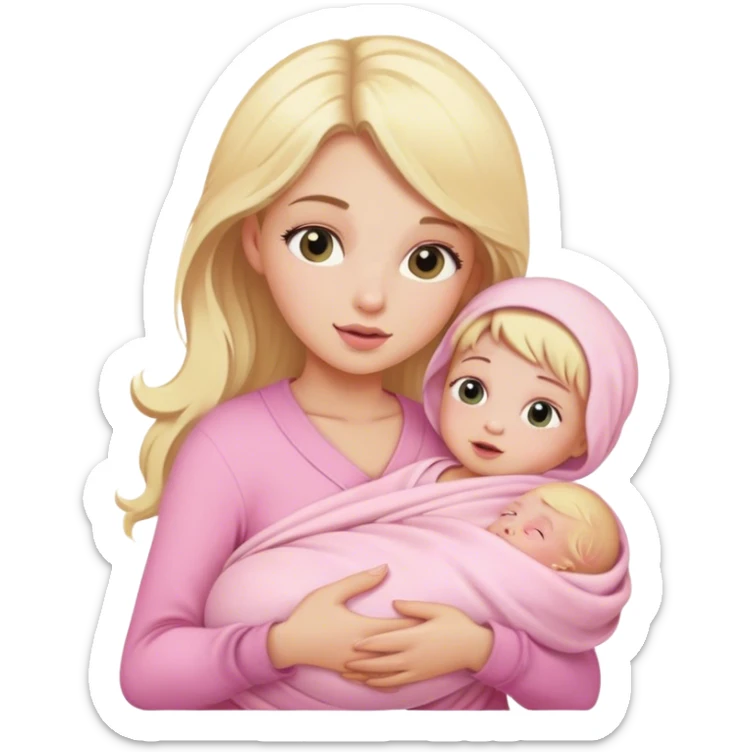 Blonde girl holding a new born baby while the baby is wrapped in pink. sticker