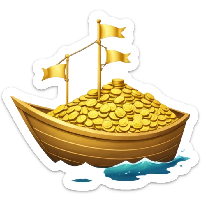 emoji of gold coins on the boat in the sea sticker