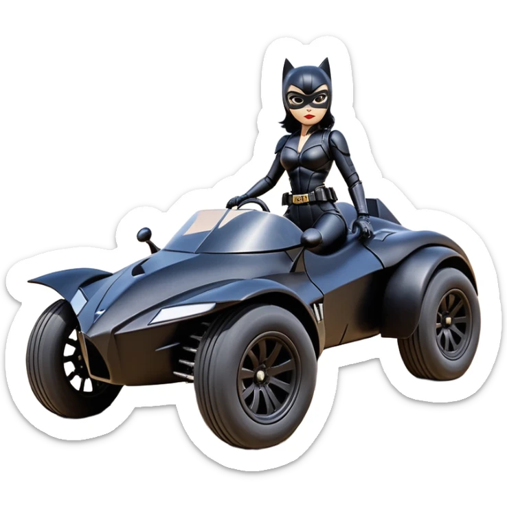 Rc toy with aerodynamic sexy fenders on Catwoman’s buxom attractive armored midnight-colored tight outfit from tv series style dark knight movie stealthy accurate sporty safe deluxe off-road fast pursuit prototype concept car (black hair, sitting back but driving aggressively) secret rally car sticker