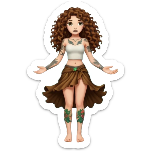 full body view of a woman with long curly brown hair, brown eyes, white skin, tattoos, shrugging with dramatic forest magic burst sticker