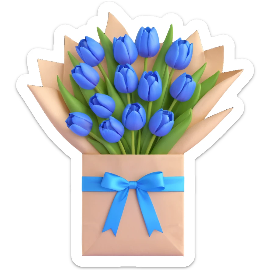 a bouquet of blue tulips in a white paper bag tied with a blue ribbon, soft pastel blue colors, gentle shadows, clean and minimalistic design, 3D iOS emoji style sticker