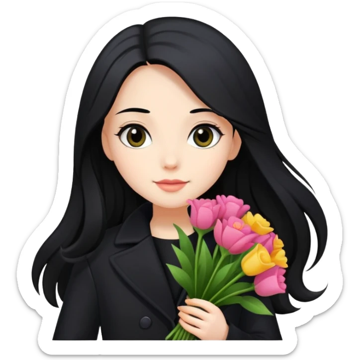beautiful girl with long black hair wearing a black coat holding a bouquet of flowers sticker