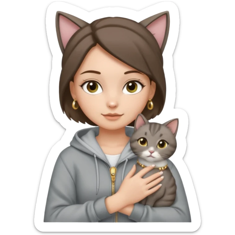 a white girl with brunette hair in a one single bun holding a grey cat. the girl has long lashes and has on a grey zip up that is half way zipped and has a hood and under a white shirt and gold jewelry that is gold bracelets. sticker