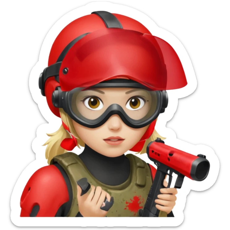 blond girl playing paintball with red paintball helmet with eye protection, only face sticker